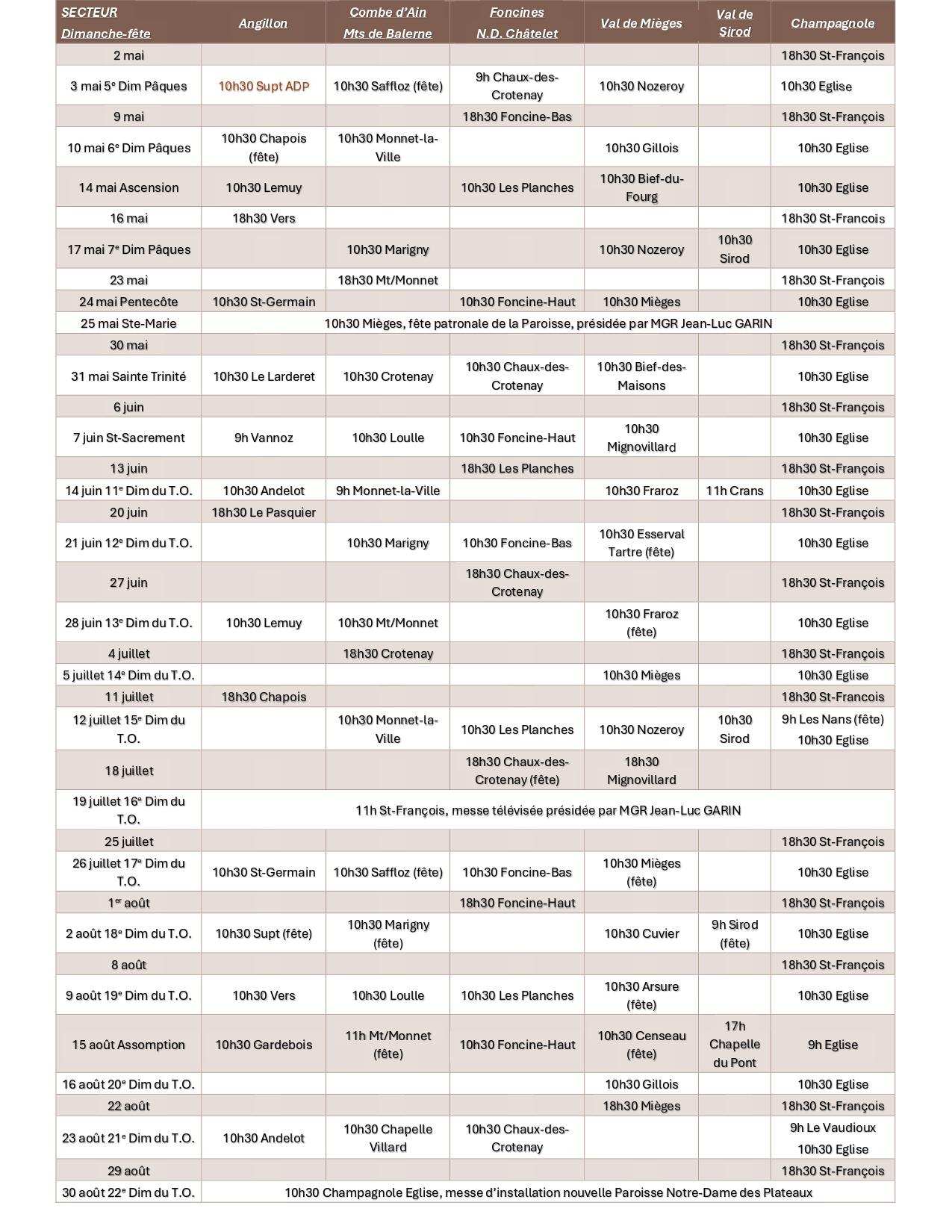 Calendrier 2 mai 30 aout 2026
